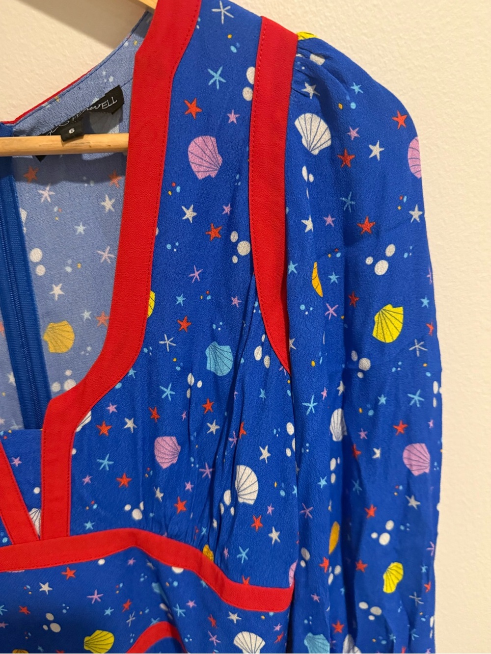 Coco Fennell Sea Shell Dirndl Midi Dress Blue Red Trim 6 Vintage Inspired - Picture 5 of 9